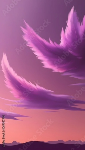 Fototapeta A serene landscape depicting a breathtaking sunset with a kaleidoscope of warm hues, predominantly featuring vibrant shades of purple and pink that gradually dissolve into soft oranges and yellows, se