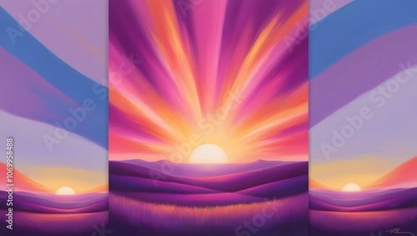 Fototapeta A serene landscape depicting a breathtaking sunset with a kaleidoscope of warm hues, predominantly featuring vibrant shades of purple and pink that gradually dissolve into soft oranges and yellows, se