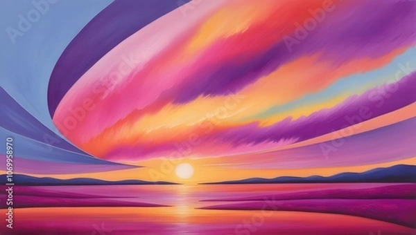 Fototapeta A serene landscape depicting a breathtaking sunset with a kaleidoscope of warm hues, predominantly featuring vibrant shades of purple and pink that gradually dissolve into soft oranges and yellows, se