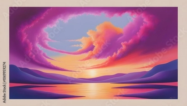 Fototapeta A serene landscape depicting a breathtaking sunset with a kaleidoscope of warm hues, predominantly featuring vibrant shades of purple and pink that gradually dissolve into soft oranges and yellows, se