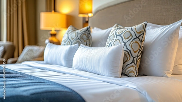 Fototapeta Luxurious hotel room with neatly made bed, decorative pillows, and warm lighting creating cozy atmosphere