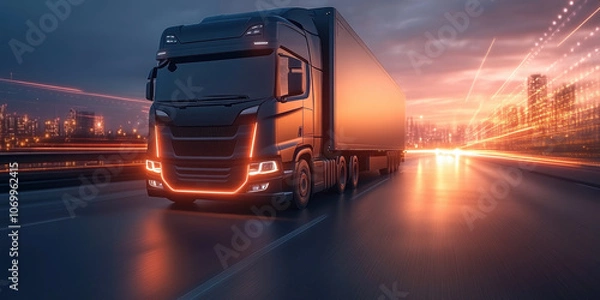 Fototapeta sleek black truck driving on highway at night, illuminated by city lights, creates dynamic and modern atmosphere