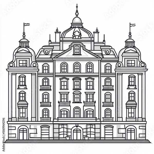 Obraz Elegant hotel building with detailed architecture and flags
