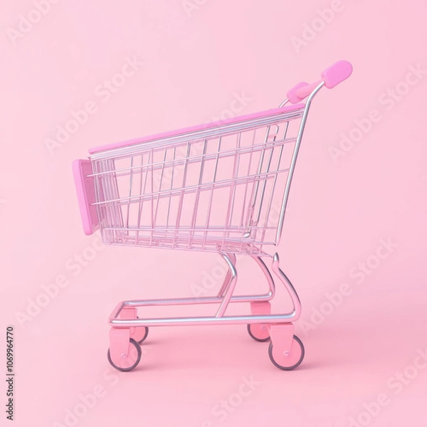 Fototapeta pink shopping trolley with sleek design against soft pink background, perfect for showcasing modern retail concepts and playful shopping experiences