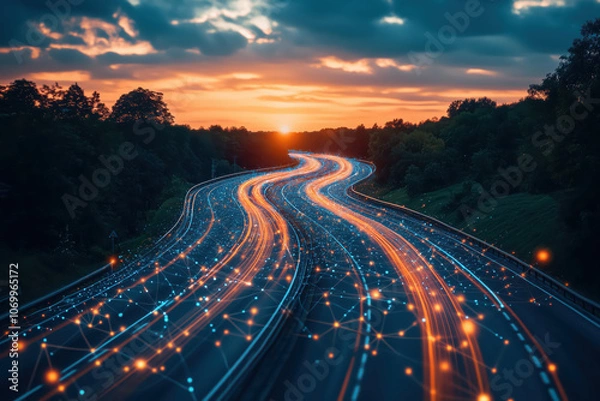 Obraz Logistic road with hologram data online network background.