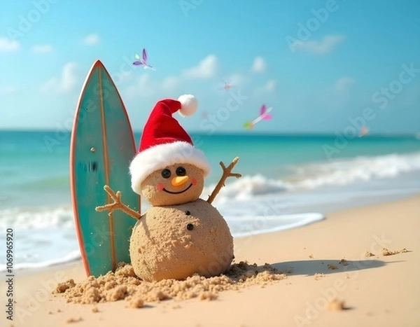 Obraz Happy Christmas snowman made with sand, on a vacation day on a paradise beach, with a surfboard, by the sea, on a sunny day
