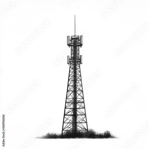Fototapeta tall radio tower standing prominently against white background, symbolizing communication and connectivity. structure is detailed with antennas and sturdy base, evoking sense of technology and