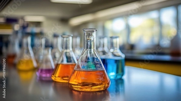Fototapeta A row of beakers filled with colorful liquids sits on a laboratory table.