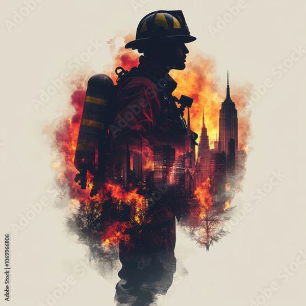 Fototapeta silhouette of firefighter stands against fiery urban backdrop, showcasing bravery and resilience amidst flames and towering buildings