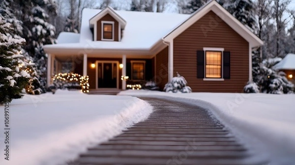 Fototapeta Snowy Path To Home. Image Illustration background for presentation and wallpaper Beautiful picture