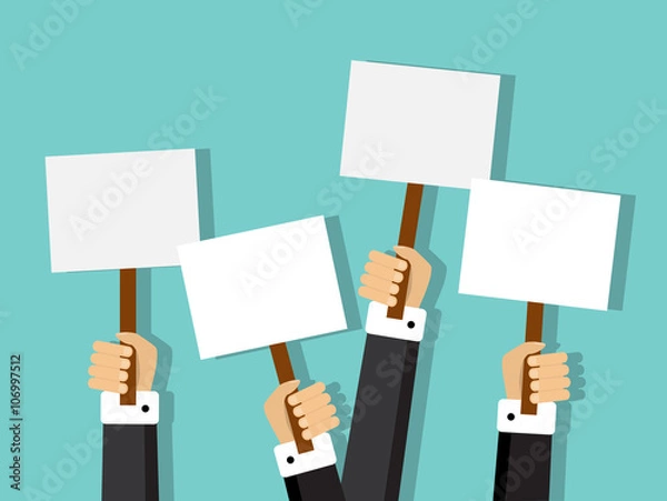 Obraz group of businessmen holding different signs with space for text