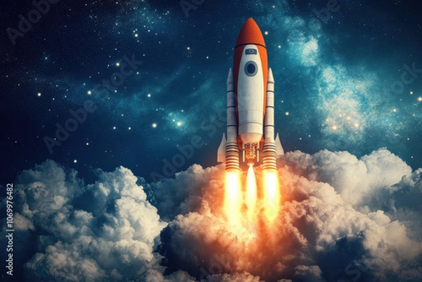 Fototapeta A powerful rocket launches into the night sky, leaving behind trails of fire and smoke against a backdrop of twinkling stars and cosmic mysteries.