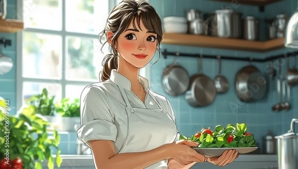 Obraz A cartoon-style illustration of an Asian woman in a white chef's uniform, preparing a salad on the kitchen counter with pots and pans hanging from the shelves