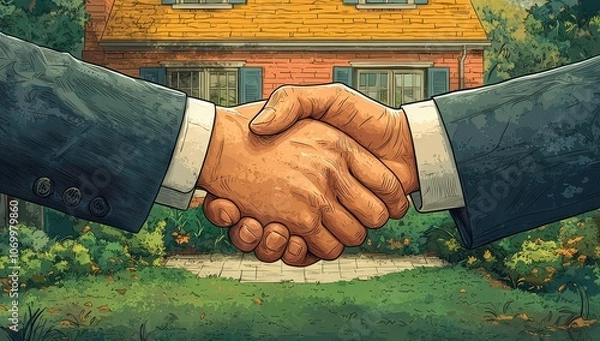 Obraz A cartoon-style illustration of two hands shaking, with one hand holding a contract and the other adorned in professional attire