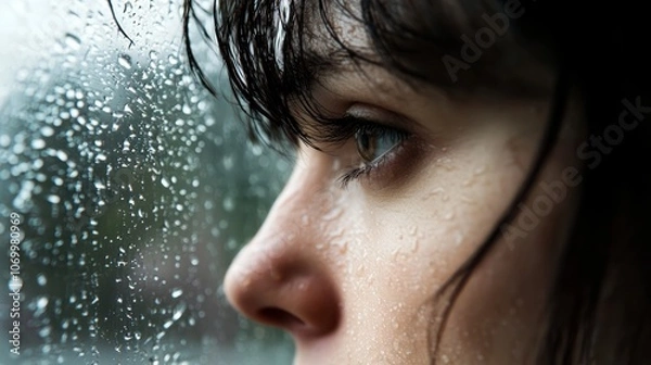 Fototapeta Contemplative Woman Gazing at Rainy Street - Capturing Vulnerability, Longing, and Introspection in Soft Light