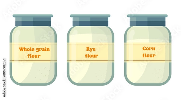 Fototapeta Whole wheat flour, rye flour, corn flour, can of flour, bakery, bread, loaf, rolls, vector illustration