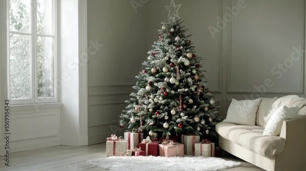 Fototapeta This image showcases a beautifully decorated Christmas tree, adorned in sparkling ornaments and ribbons, surrounded by thoughtfully arranged gifts. Th