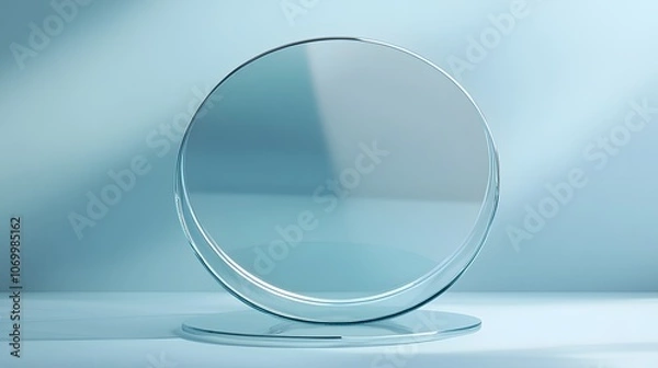 Fototapeta 3D blue podium stand with circle glass backdrop is perfect for modern interior concept product display mockups. The stand is set on a floor and soft blue background