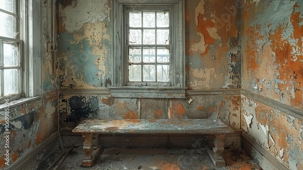 Fototapeta A Glimpse into Time: Abandoned Room with Peeling Paint and Worn Wooden Bench