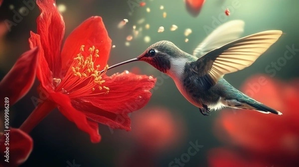 Fototapeta A close-up of a hummingbird feeding from a bright red flower