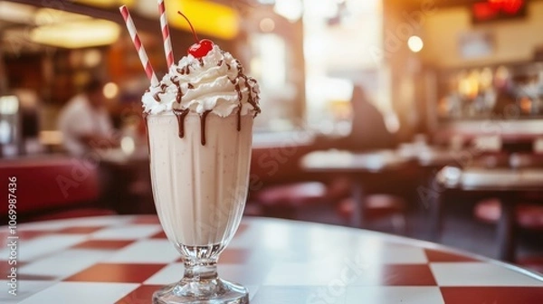 Fototapeta A frothy milkshake topped with whipped cream, chocolate syrup, and a cherry, served in a retro diner