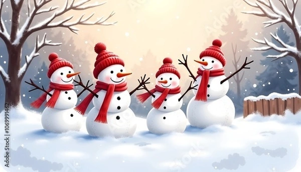 Obraz Group of cheerful snowman wearing red scarves and hats in a winter wonderland setting, for festive Christmas and New Year's design