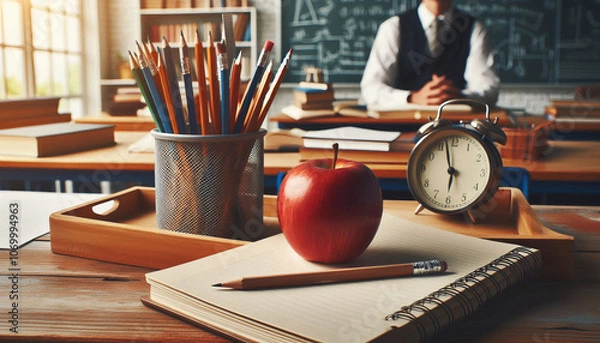 Fototapeta Organized school desk setup with pencils, apple, and clock, symbolizing education and classroom learning environment