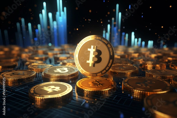 Obraz 3D render of cryptocurrency coins, prominently with Bitcoin, surrounded by digital landscape of glowing bars and coins. innovation and financial growth concept