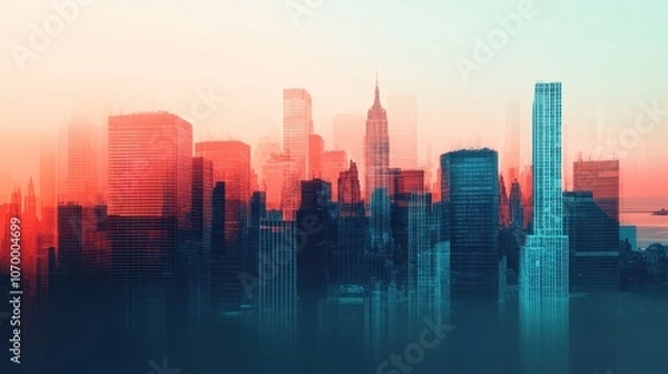Fototapeta Captivating abstract image depicting a city skyline with an overlay of fluctuating financial data and charts illustrating the dynamic nature of the economy and market trends