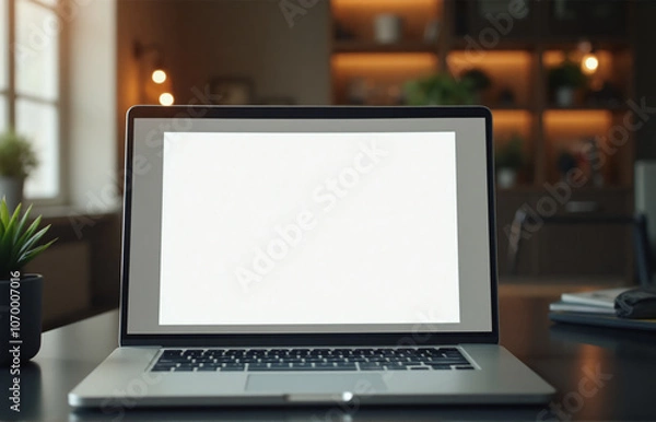 Fototapeta A close-up shot of a blank white screen on a laptop placed on a desk in a modern home office