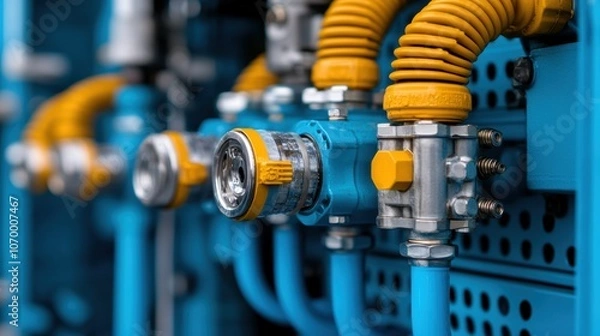 Fototapeta A close-up of a well-kept industrial piping system features bright blue pipes and yellow connectors, showcasing advanced engineering in a naturally lit manufacturing setting