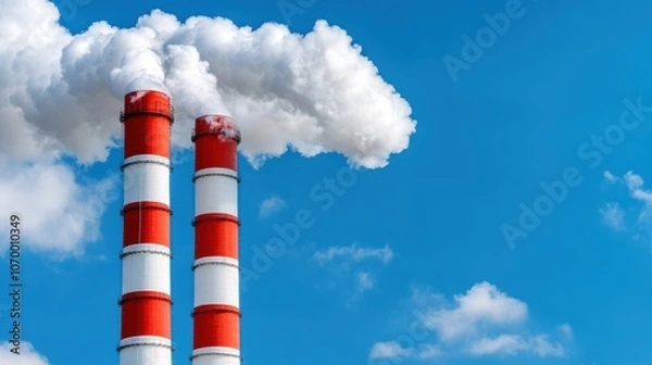 Fototapeta Tall red and white smokestacks emit thick white clouds into the bright blue sky