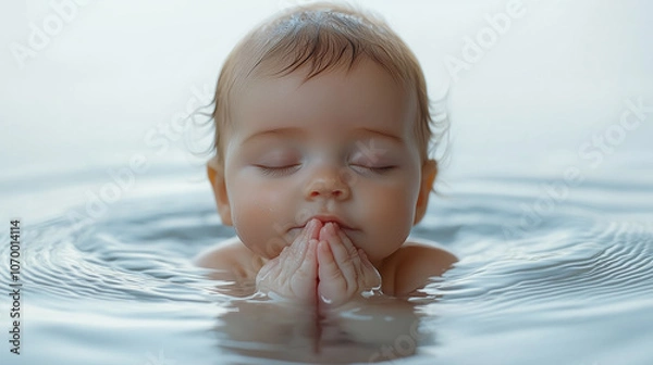 Fototapeta A calm baby floats in calm water with eyes closed and hands clasped together as if praying for baptism, enjoying a moment of calm repose and innocence.