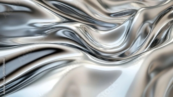 Fototapeta Shimmering silver fabric flowing elegantly in smooth waves, capturing light and reflection.