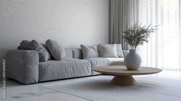 Obraz Simple living room gray sofa vase coffee table, light interior