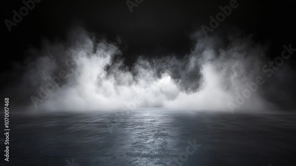 Fototapeta Mysterious fog billows across a dark studio floor, creating an enigmatic atmosphere perfect for dramatic photography.