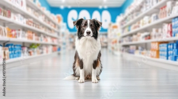 Obraz A dog sits in the center of a pet supply store aisle, surrounded by colorful shelves filled with various pet products.