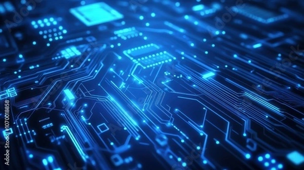 Fototapeta Close-up view of an intricate blue circuit board with glowing elements, showcasing technology and innovation.