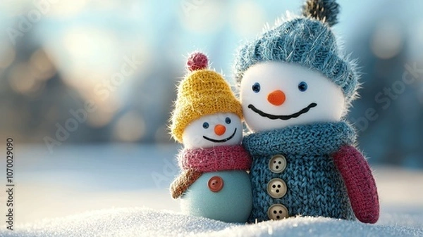 Fototapeta A charming snowman and a small snow-child embrace in a snowy landscape, adorned with colorful knitted hats and scarves, radiating a cozy winter spirit.