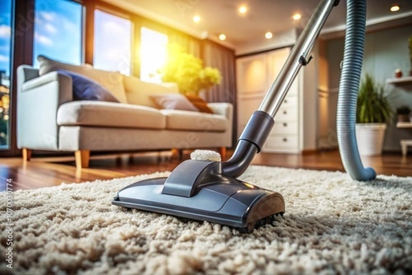 Fototapeta Close-Up of a Vacuum Cleaner Head Engaging a Plush Carpet, Showcasing Housework Service in Action with a Focus on Cleaning Efficiency and Modern Home Maintenance Techniques