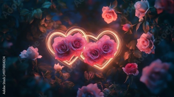 Fototapeta Romantic glowing hearts encircled by vibrant roses, symbolizing love and connection. AI generated