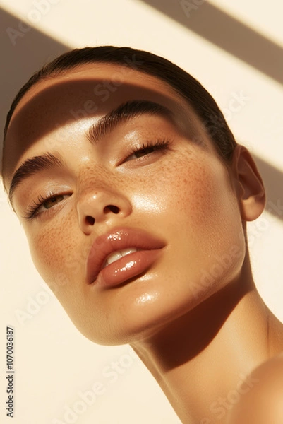 Obraz Woman with a natural, sun-kissed glow, enjoying warm indoor light and soft, sunlit shadows.