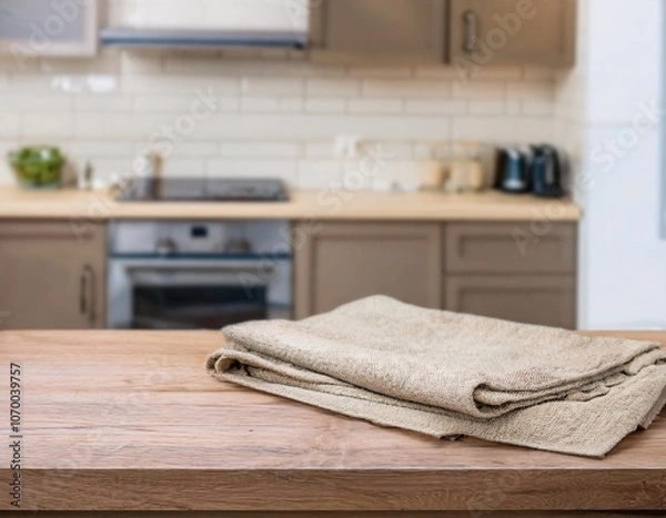 Fototapeta featuring an empty table space decorated with elegant cream towels