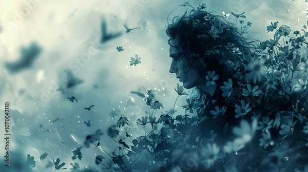 Fototapeta Dreamy Silhouette of a Woman Surrounded by Flowers in a Whirlwind of Emotion