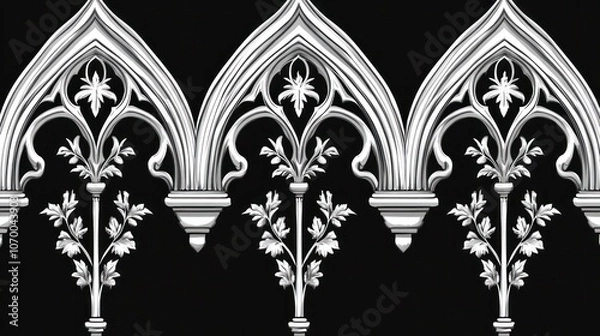 Fototapeta Seamless pattern of white gothic arches with floral motifs on a black background.