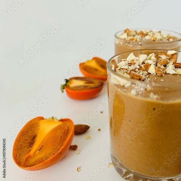 Fototapeta Tasty Chocolate Persimmon Pudding Garnished with Crushed Nuts