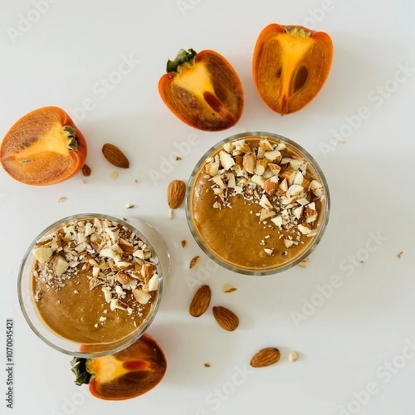 Fototapeta Tasty Chocolate Persimmon Pudding Garnished with Crushed Nuts