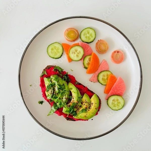 Fototapeta Toast with Beet Hummus with Avocado and Veggies