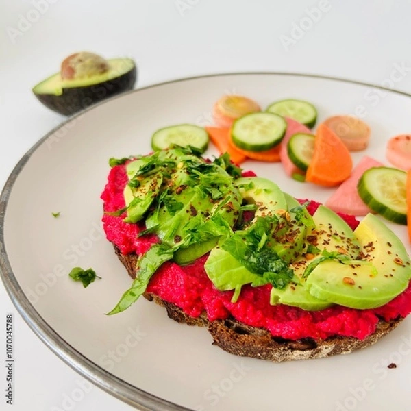 Obraz Toast with Beet Hummus with Avocado and Veggies