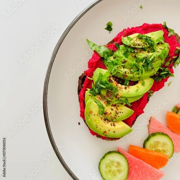 Fototapeta Toast with Beet Hummus with Avocado and Veggies